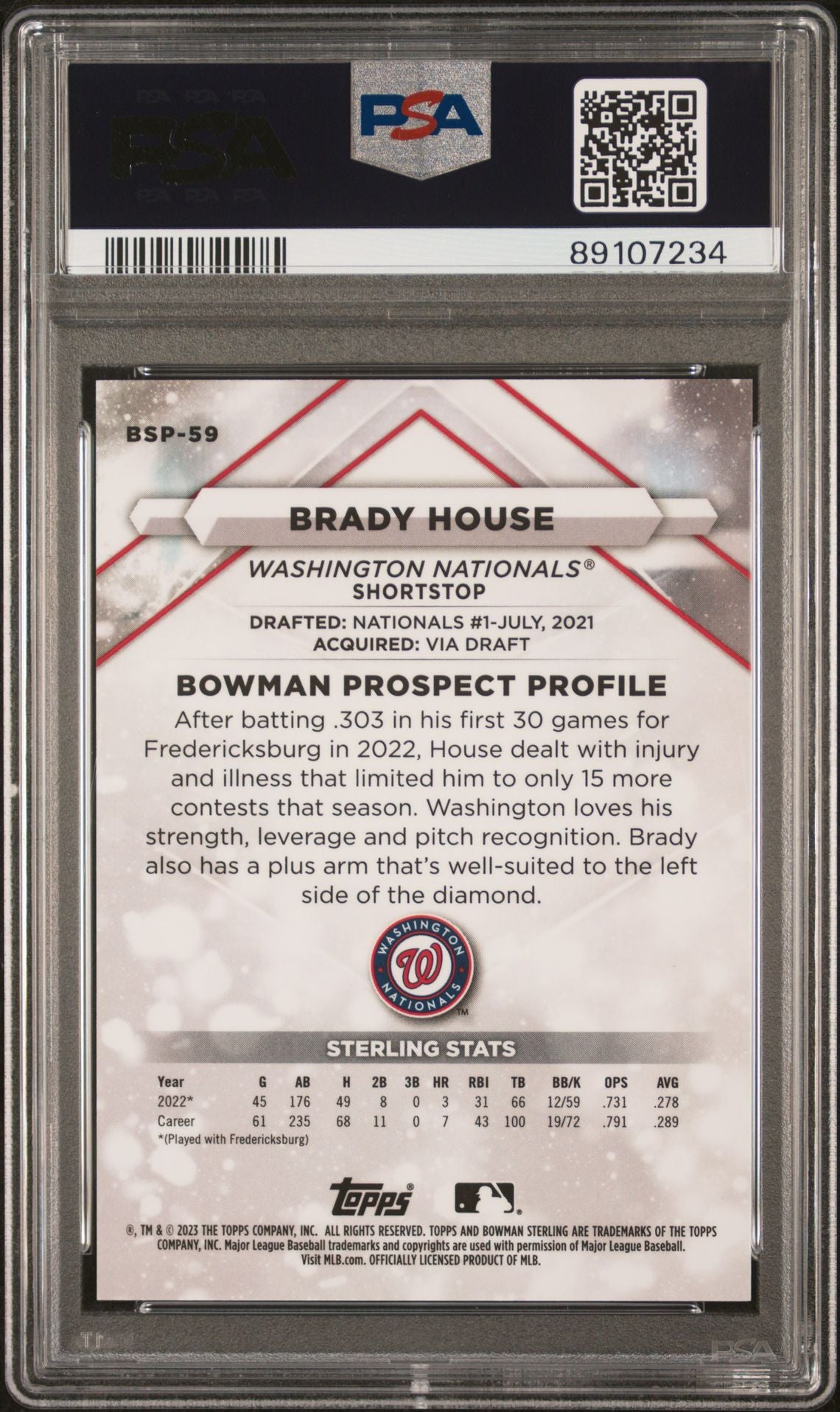 2023 Bowman Sterling #BSP59 Brady House Gold #'d /50 (Washington Nationals) PSA 10