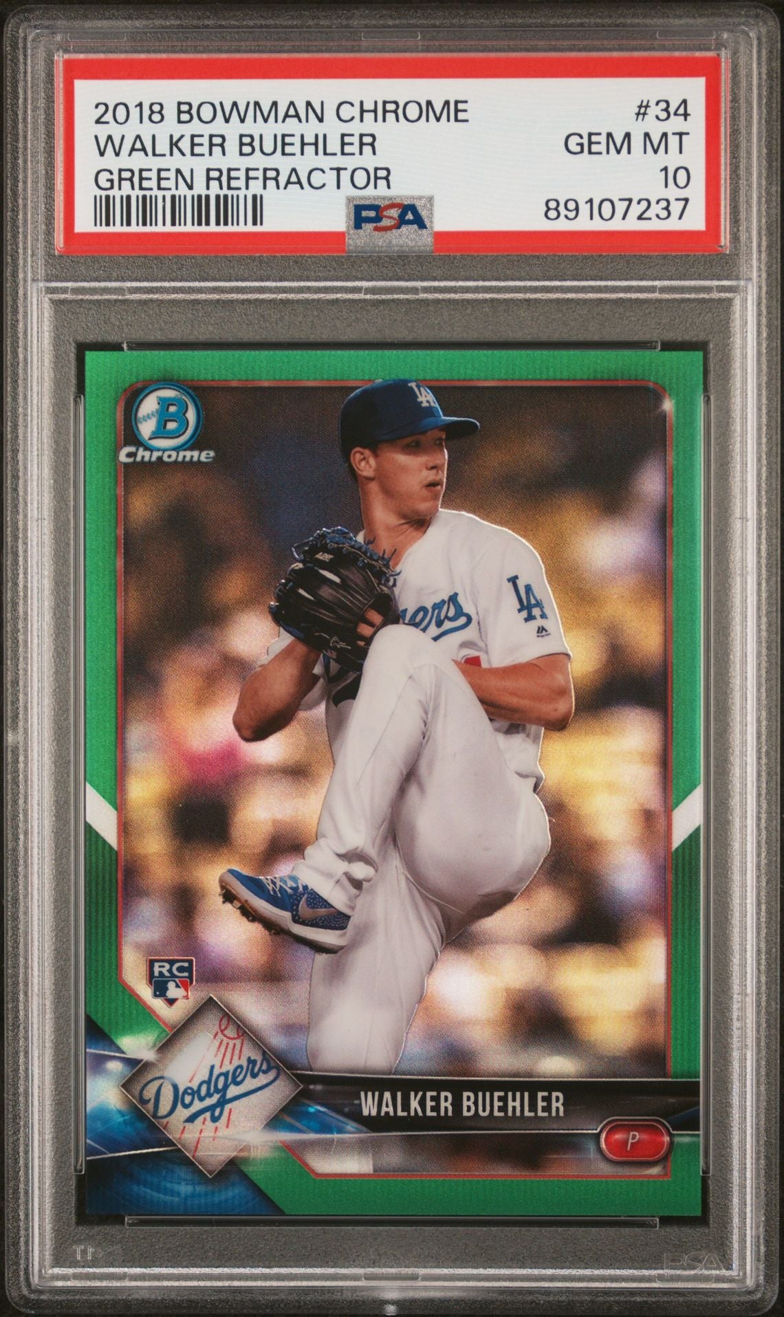 2018 Bowman Chrome Green Refractors #34 Walker Buehler RC Rookie (Dodgers) PSA 10