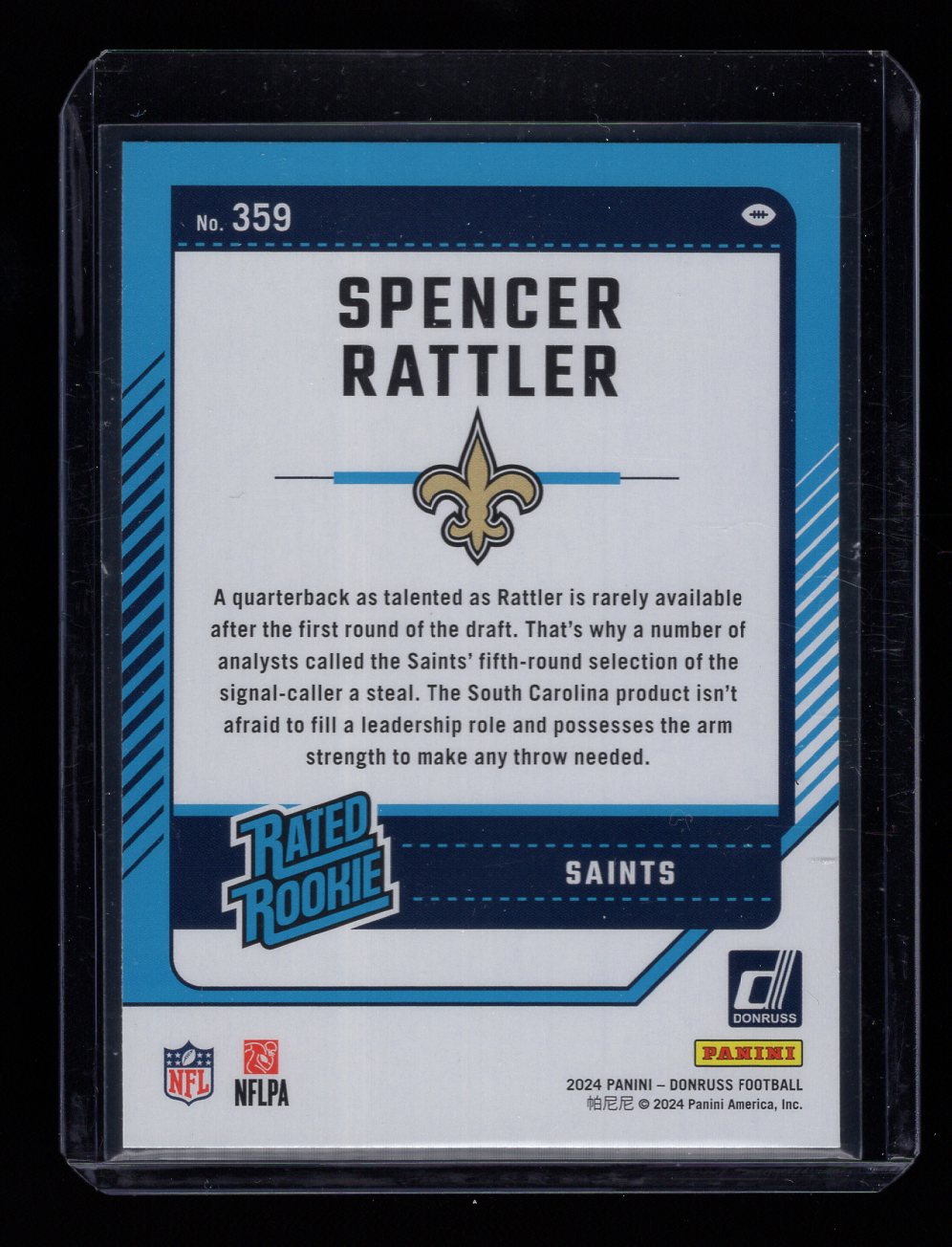 2024 Panini Donruss #359 Spencer Rattler RC Rated Rookie (New Orleans Saints)