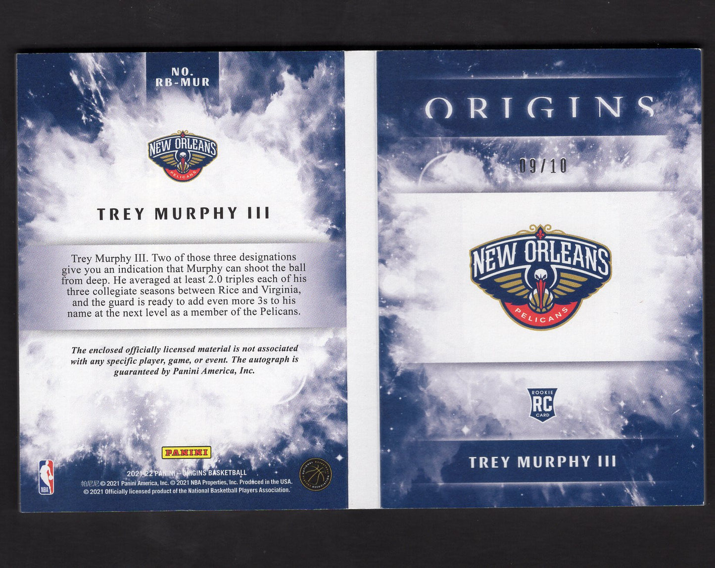 2021-22 Panini Origins Rookie Patch Autograph Booklets Trey Murphy III #'d 9/10