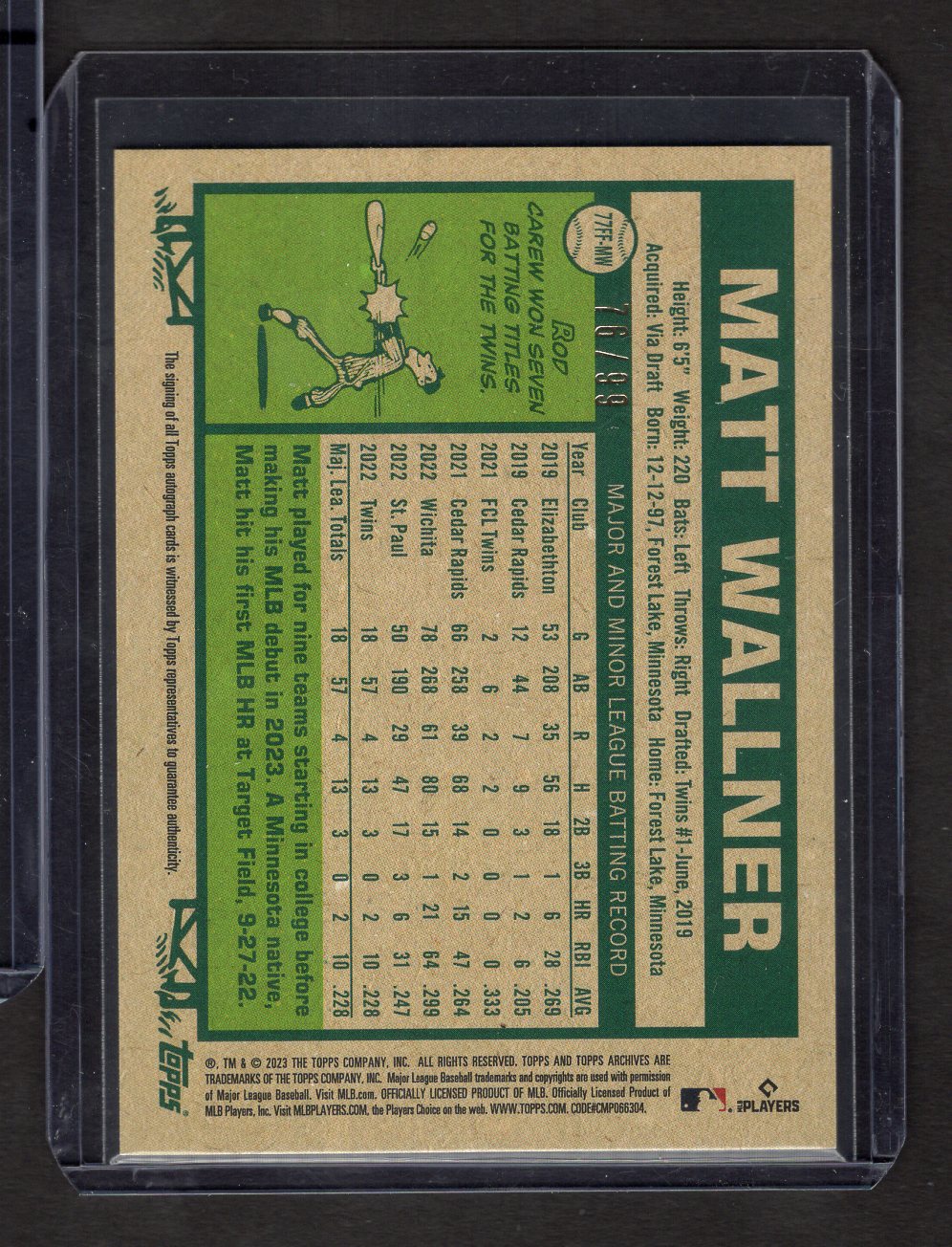 2023 Topps Archives #77FF-MW Matt Wallner Green Foil Autograph #' /99 (Minnesota Twins)