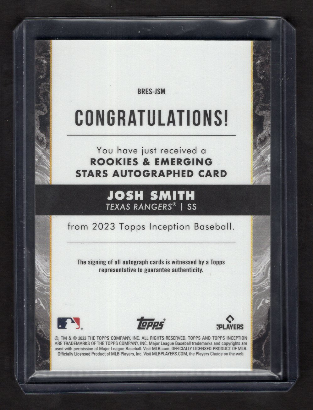 2023 Topps Inception Pink Josh Smith Rookie #BRES-JSM Autograph #'d /99 (Texas Rangers)