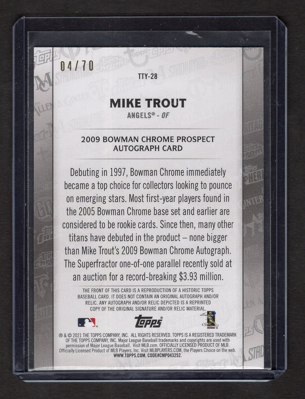 2021 Topps Through The Years Mike Trout 2009 Bowman Chrome Reprint #'d /70 (Angels)