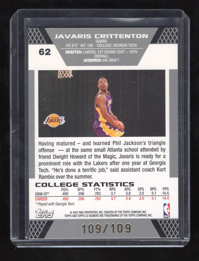 2007-08 Topps Co-Signers Gold Red #'d 109/109 Kobe Bryant / Javaris Crittenton #24.1 (Los Angeles Lakers) (Copy)