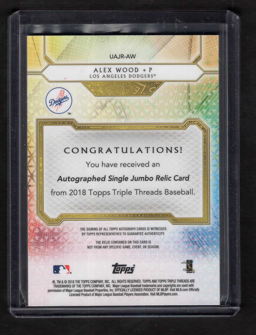 2018 Topps Triple Threads Autograph / Relics Emerald #UAJR-AW Alex Wood #'d /50 (Dodgers)