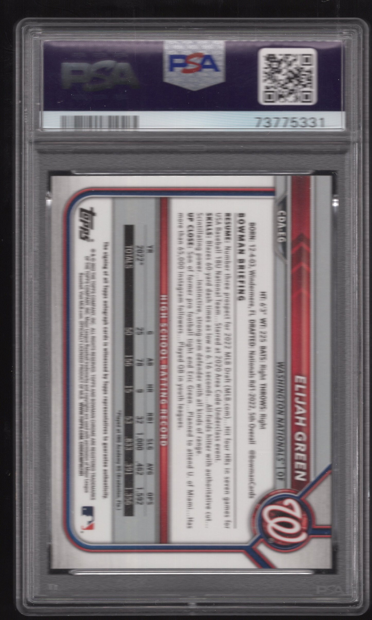 2022 Bowman Chrome Draft #CDA-EG Elijah Green Autograph (Washington Nationals) GRADED PSA 10 MINT