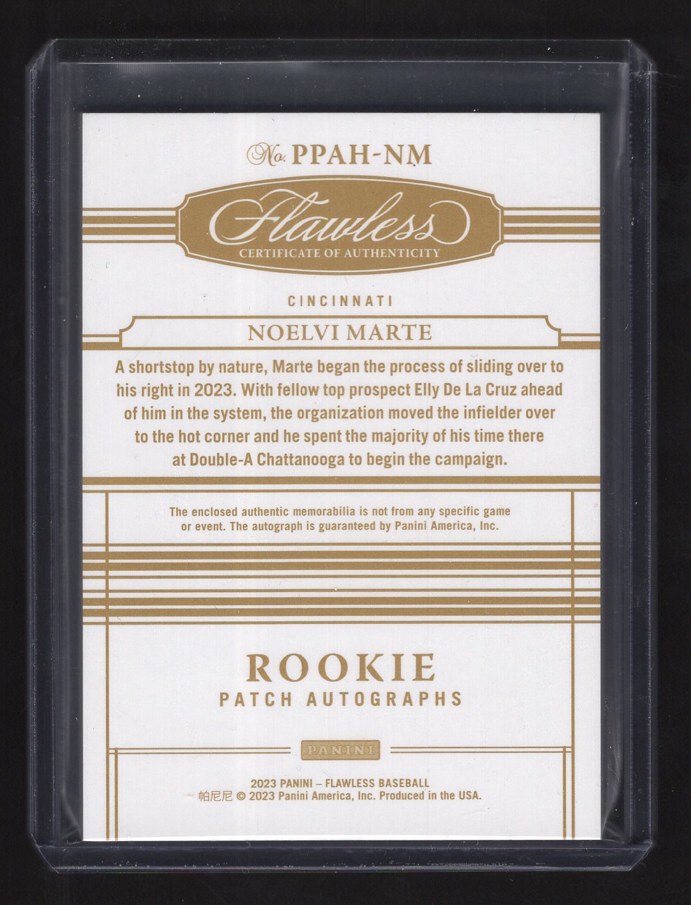 2023 Panini Flawless #PPAH-NM Noelvi Marte Rookie Patch Autograph #'d /20 (Cincinnati Reds)