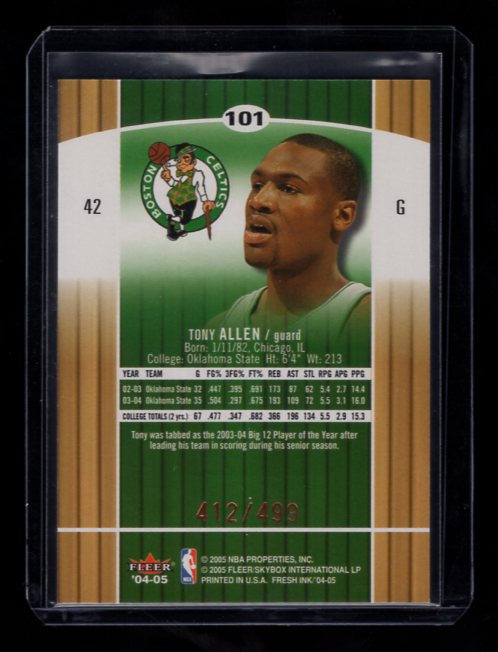 2004-05 SkyBox Fresh Ink #101 Tony Allen RC #'d 412/499 (Boston Celtics)