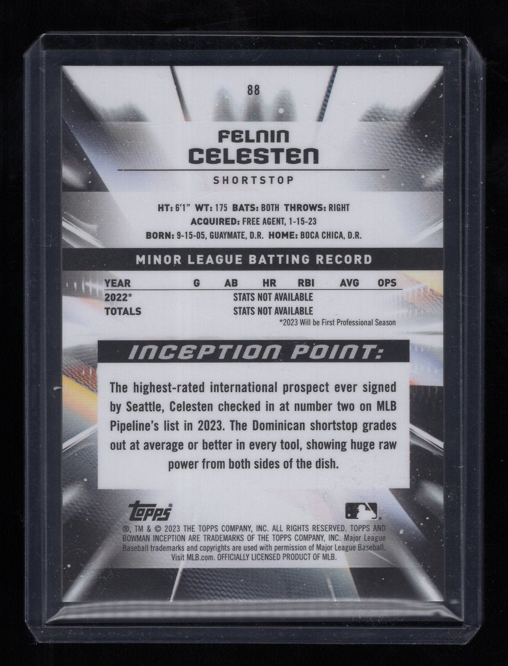 2023 Bowman Inception #88 Felnin Celesten SP Blue Foil #'d /99 Prospects (Seattle Mariners)