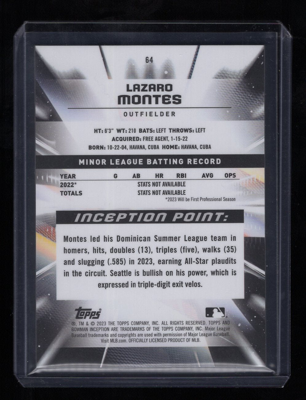 2023 Bowman Inception #64 Lazaro Montes SP Blue Foil #'d /99 Prospects (Seattle Mariners)