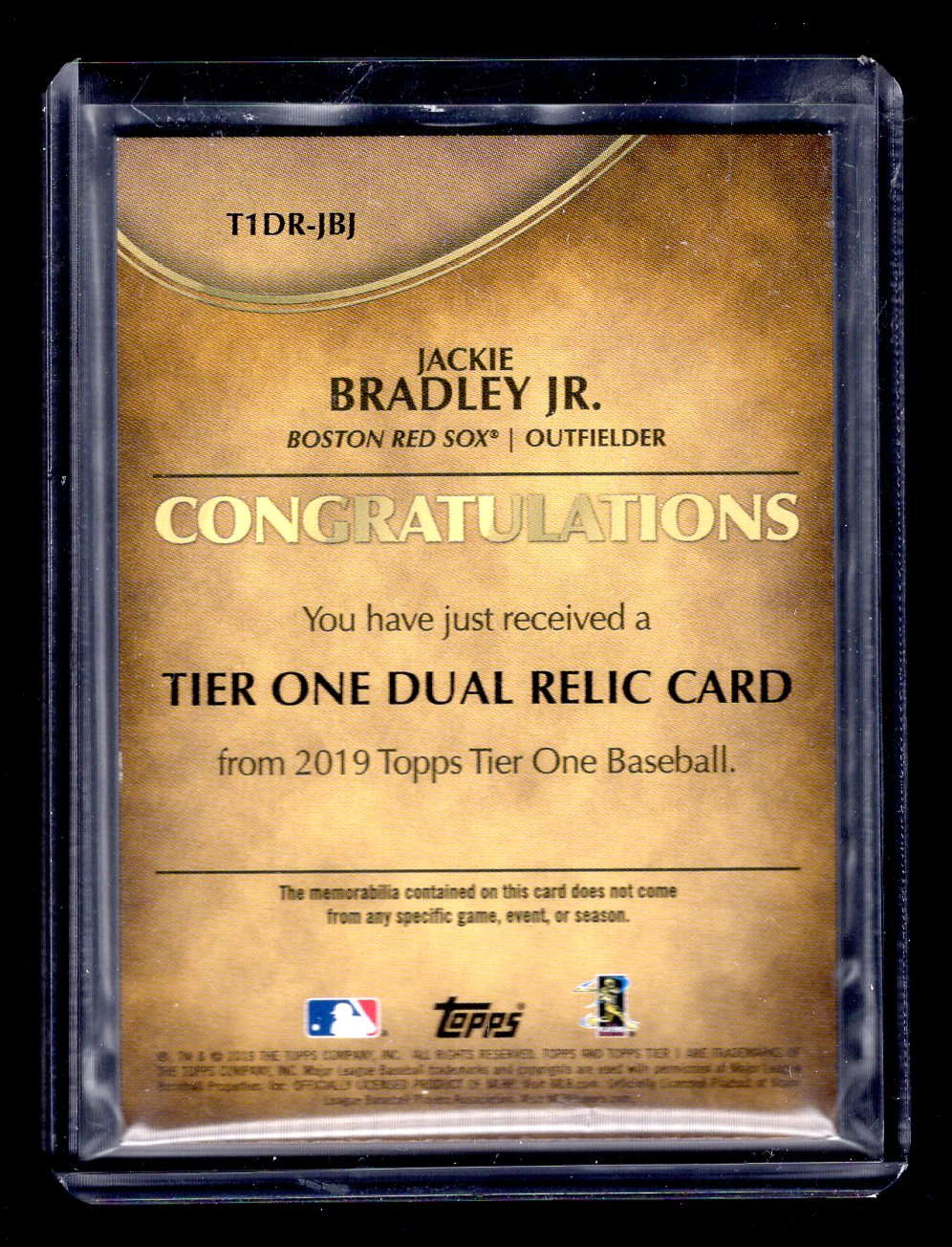 2019 Topps Tier One Dual Relics #T1RJBJ Jackie Bradley Jr. #'d /25 (Boston Red Sox)