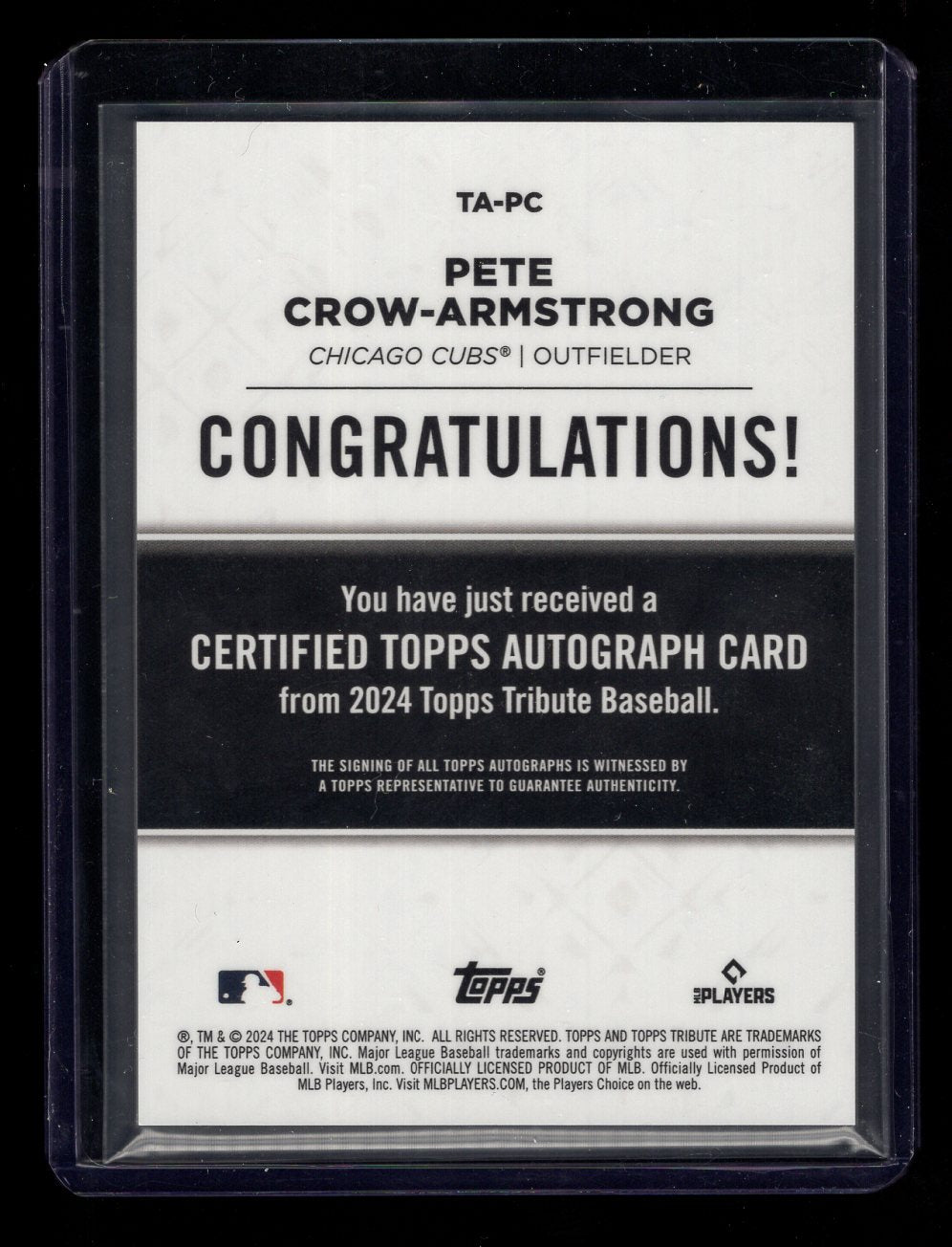 2024 Topps Tribute #TA-PC Pete Crow Armstrong Autograph Rookie RC #'d /150 (Chicago Cubs)