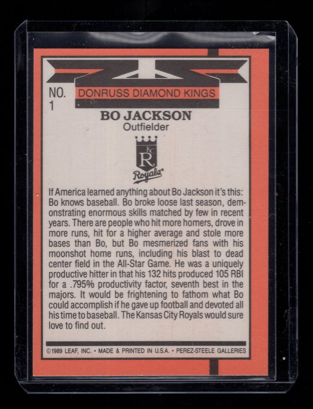 1990 Donruss #1 Bo Jackson Diamond Kings (Kansas City Royals)