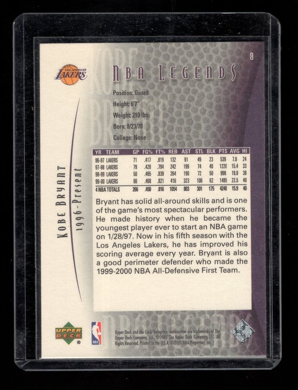 2000-01 Upper Deck NBA Legends #8 Kobe Bryant (Los Angeles Lakers)