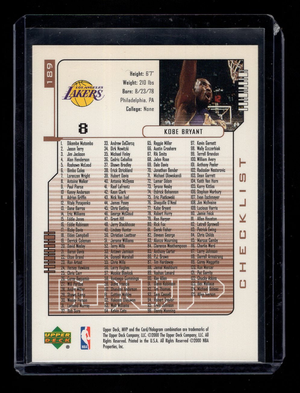 2000-01 Upper Deck MVP #189 Kobe Bryant CL (Los Angeles Lakers)