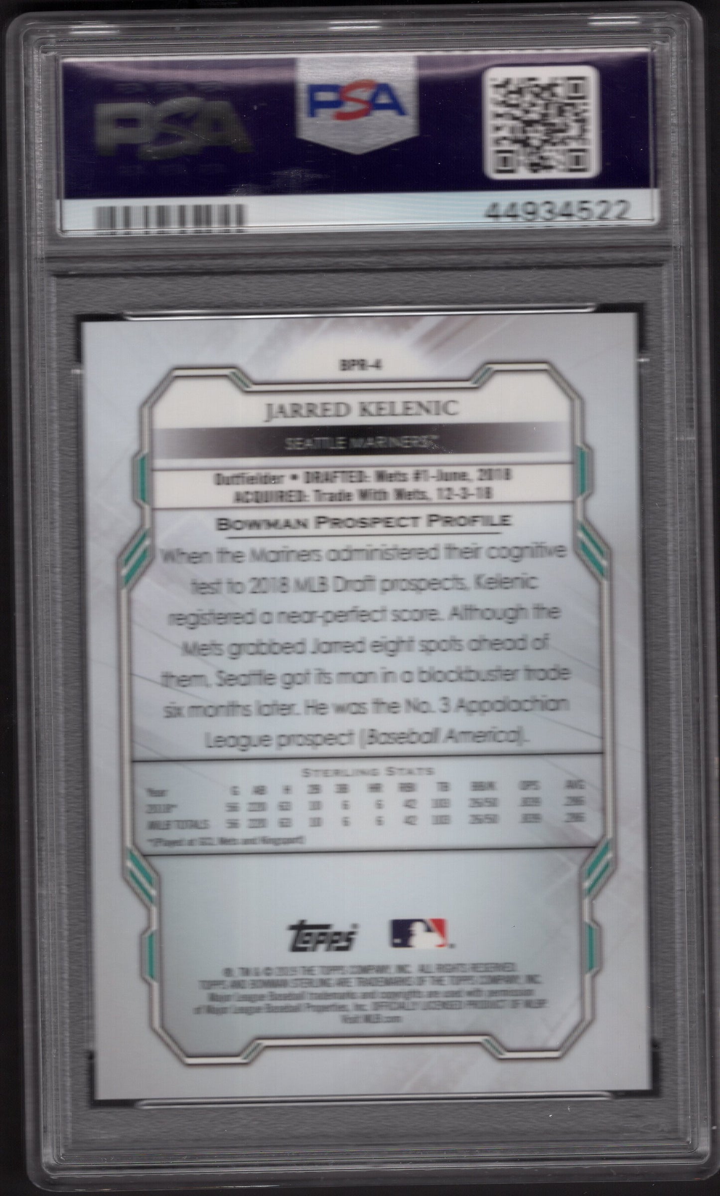 2019 Bowman Sterling Gold Refractor #BPR4 Jarred Kelenic #d /50 (Mariners) PSA 10