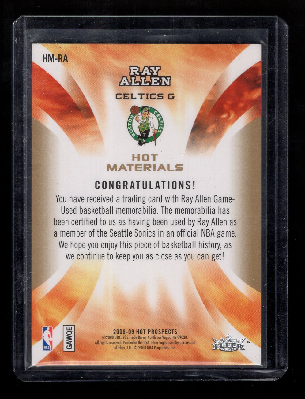 2008-09 Fleer Hot Prospects #HM-RA Ray Allen Hot Materials Jersey (Boston Celtics)