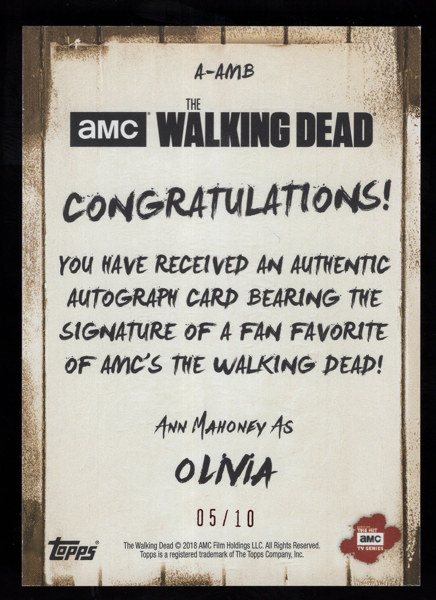 2018 Topps Walking Dead Ann Mahoney as Olivia Autograph Card #'d /10