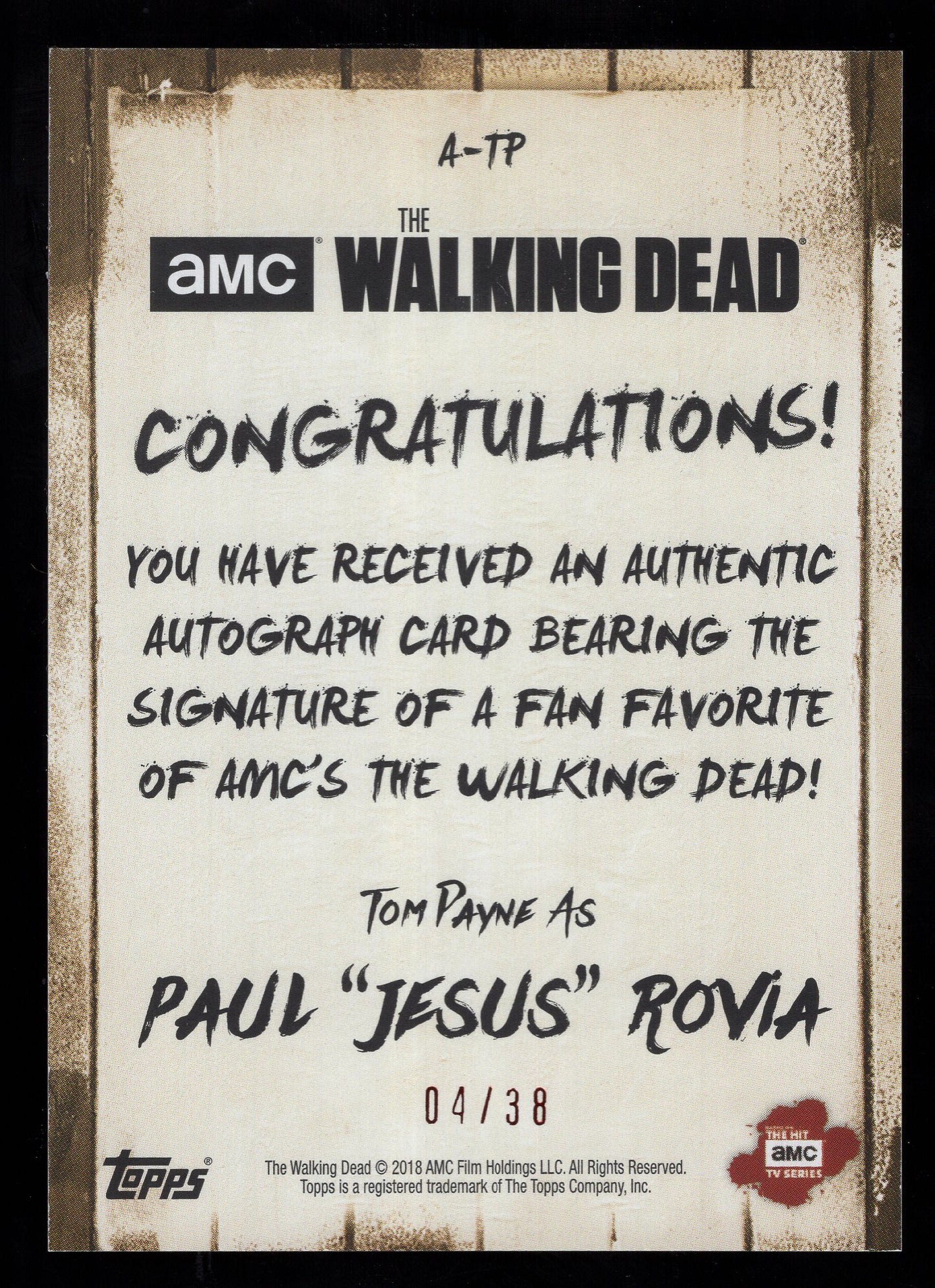 2018 the Walking Dead Tom Payne as Paul “Jesus” Rovia Autograph #'d /38