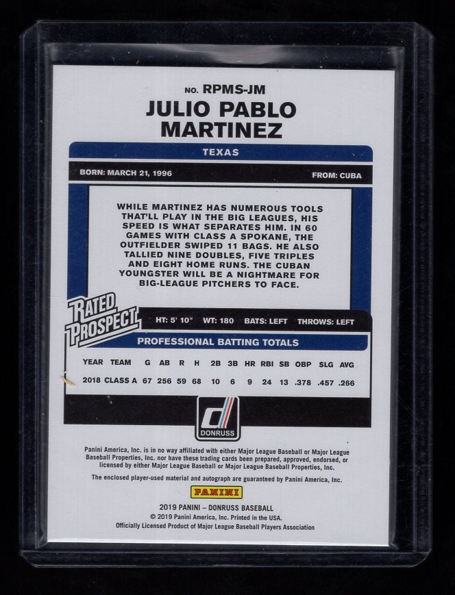 2019 Donruss Rated Prospect Material Signatures Gold #7 Julio Pablo Martinez #'d /99 (Texas Rangers)