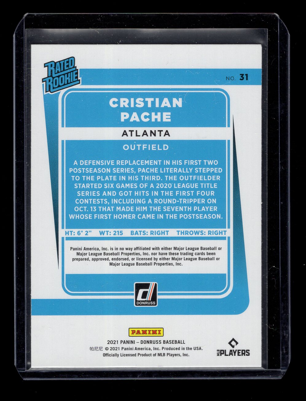 2021 Donruss #31 Cristian Pache Rated Rookie (Atlanta Braves)