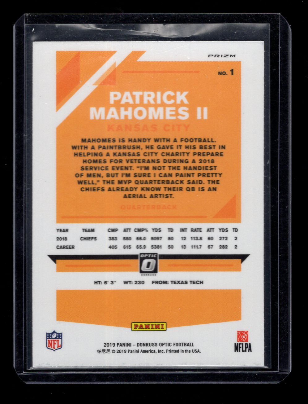 2019 Donruss Optic Holo #1 Patrick Mahomes II (Kansas City Chiefs)