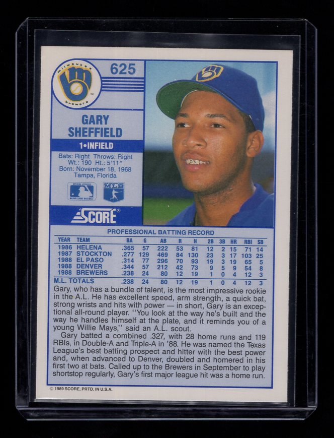 1989 Score #625 Gary Sheffield Rookie (Milwaukee Brewers)