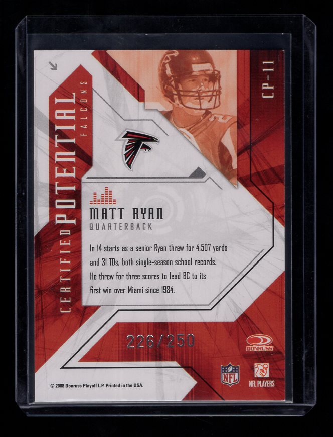 2008 Leaf Certified Materials Certified Potential Materials #11 Matt Ryan #'d /250 (Atlanta Falcons)