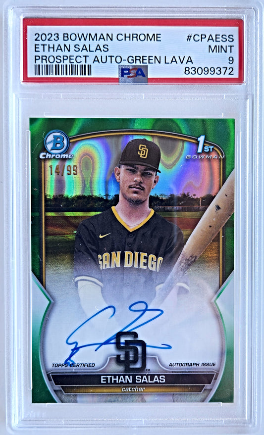 2023 Bowman Chrome Ethan Salas #CPA-ESS Lava Green Prospect Autograph PSA 9 (Padres)