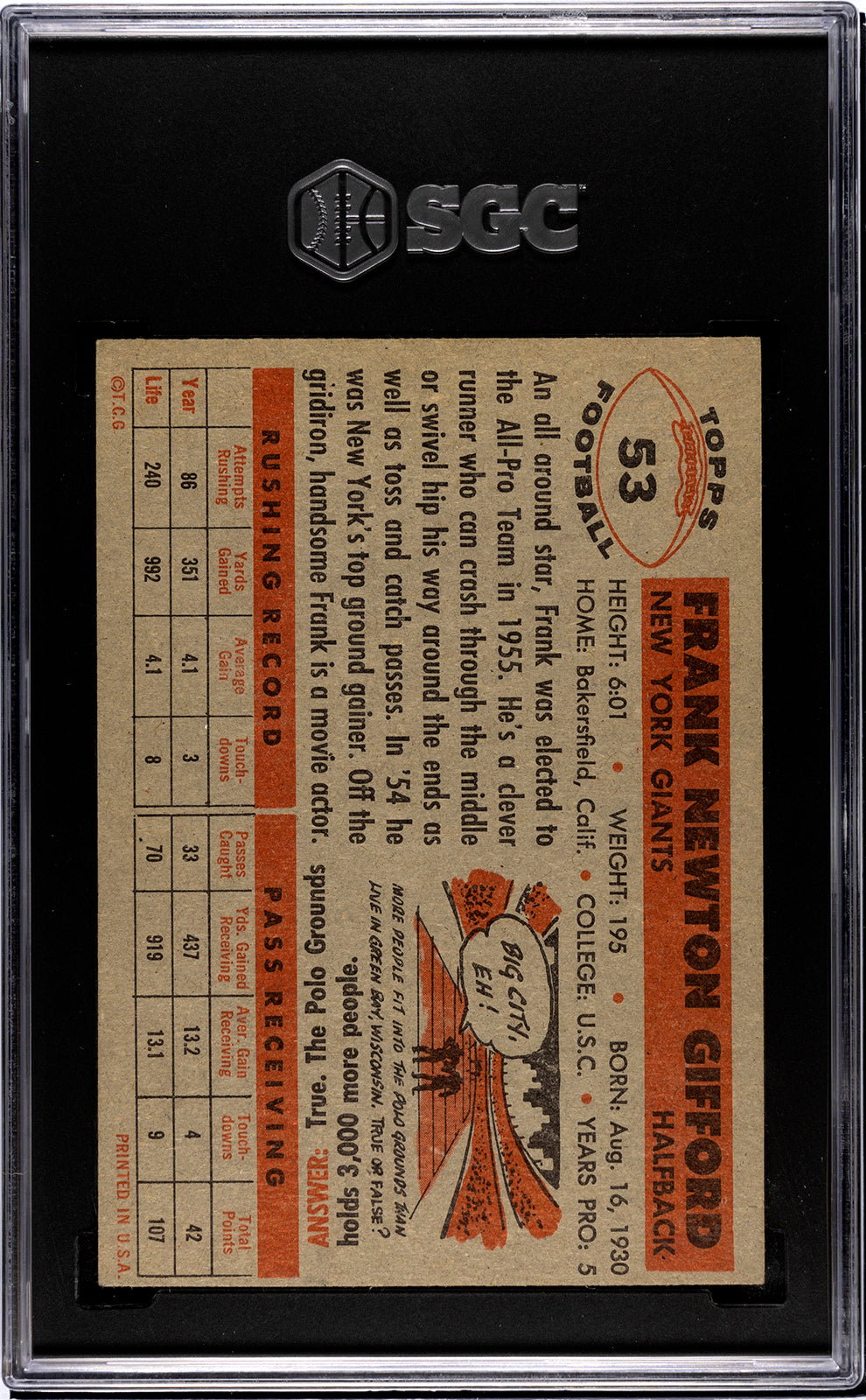 1956 Topps #53 Frank GIfford Graded SGC 5 (New York Giants)