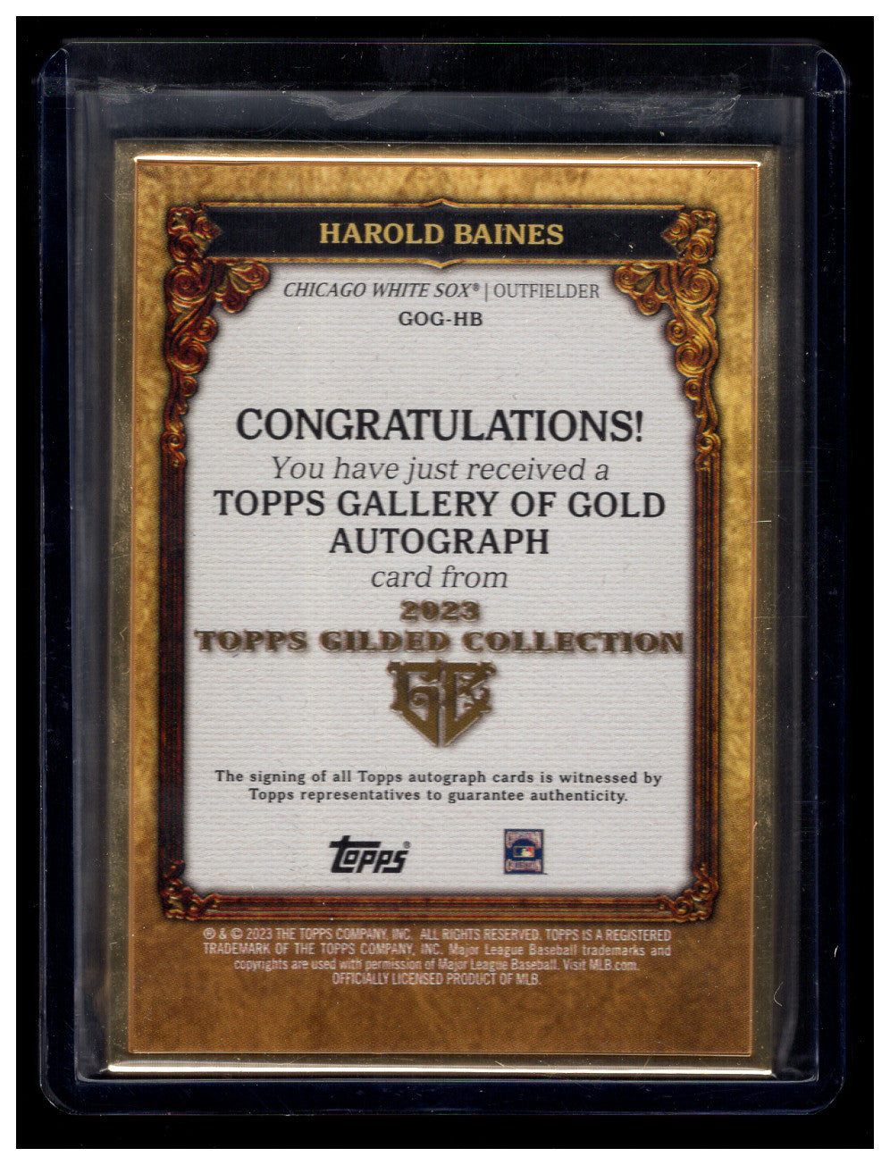 2023 Topps Gilded Harold Baines Gallery Of Gold Auto graph Onyx #'d /10 (Chicago White Sox)