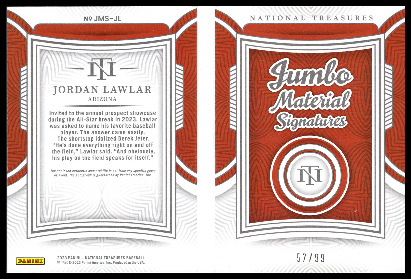 2023 National Treasure Jumbo Material Signatures #JMS-JL Jordan Lawlar Autograph (Diamondbacks)