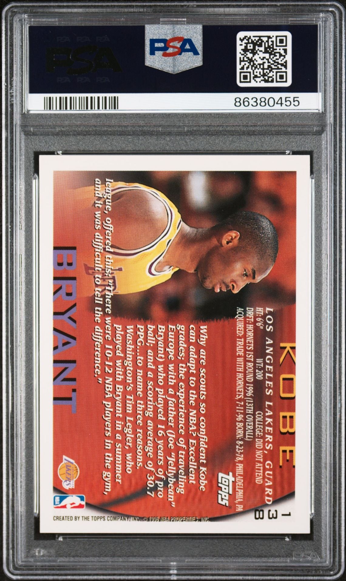 1996 Topps #138 Kobe Bryant Rookie RC (Los Angeles Lakers) PSA 8 NM-MT