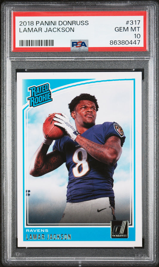 2018 Panini Donruss #317 Lamar Jackson Rated Rookie RC (Baltimore Ravens) PSA 10 Gem Mint