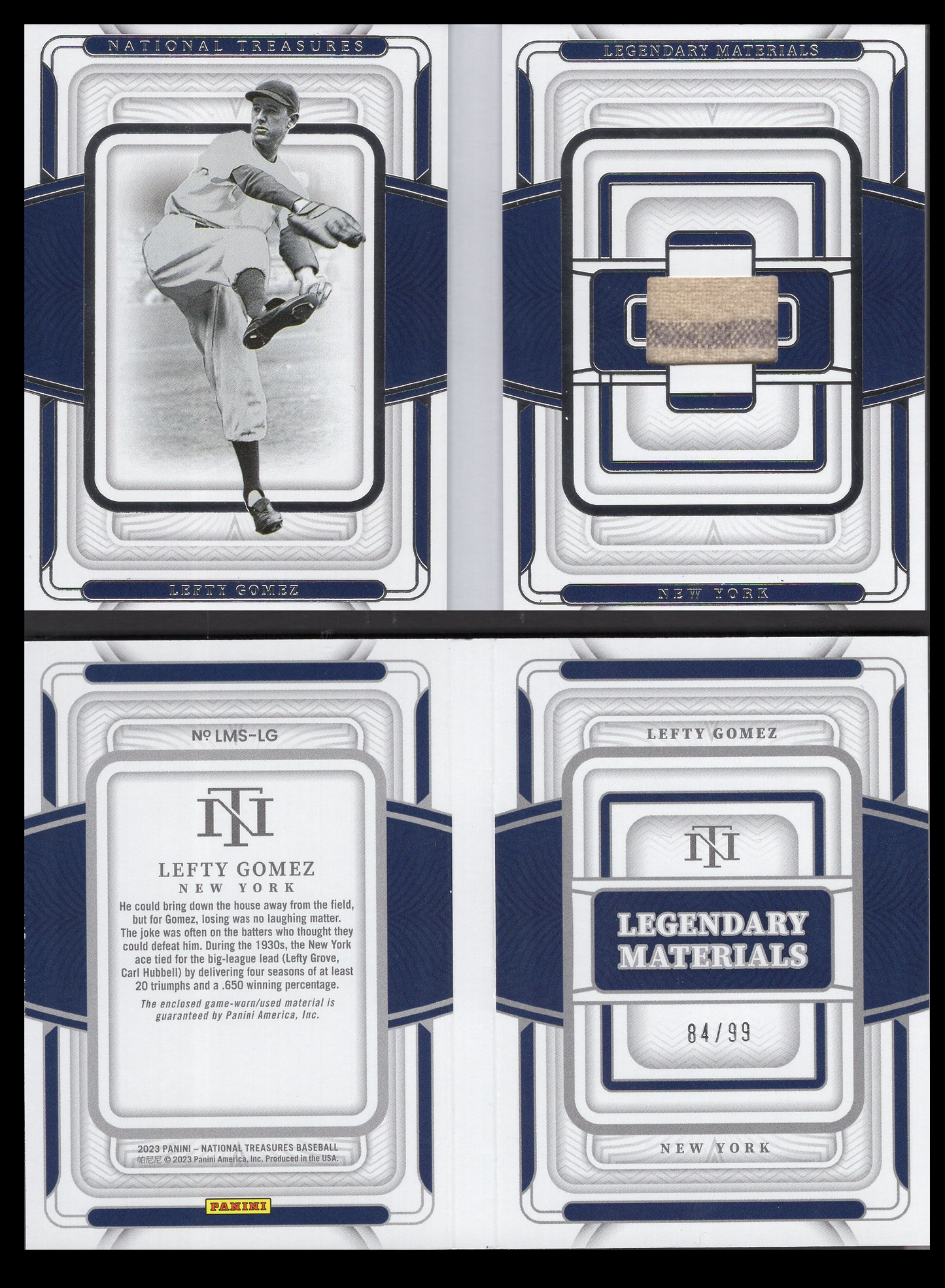 2023 National Treasures #LMS-LG Lefty Gomez Game Used Jersey Card #'d /99 (Yankees)