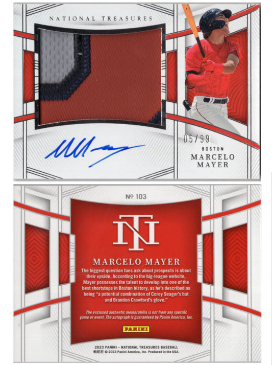 2023 Panini National Treasures Marcelo Mayer Mr. Baseball Patch Autograph #'d /99 (Red Sox)