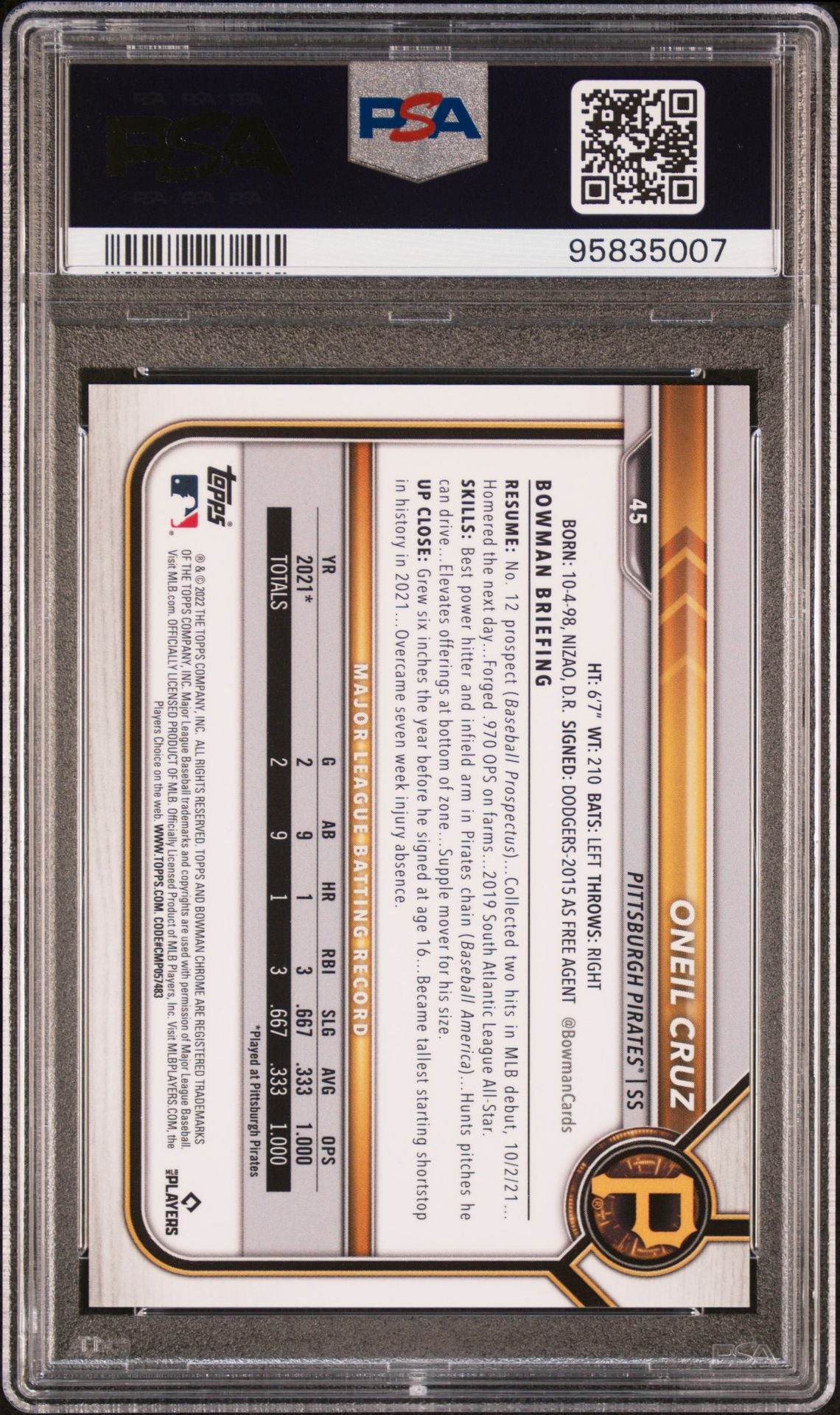 2022 Bowman Chrome Sapphire Oneil Cruz Orange Refractor Rookie #'d /75 (PSA 10)