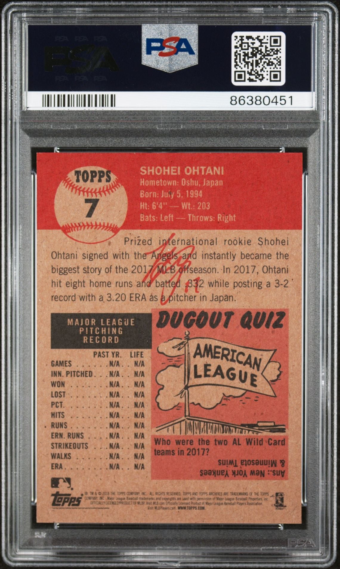 2018 Topps Living Set Card #7 "1953 Topps Design" Shohei Othani Rookie RC (Los Angeles Angels) PSA 9 Mint