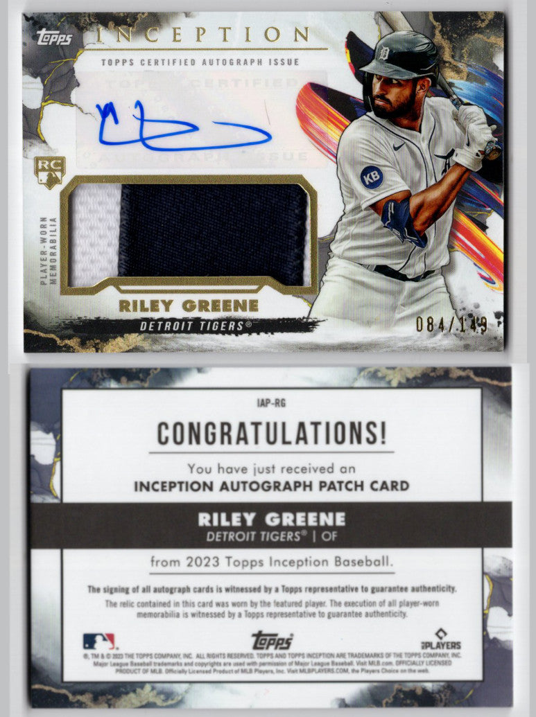 2023 Topps Inception Riley Greene Rookie Patch Auto #'d /149 (Detroit Tigers)