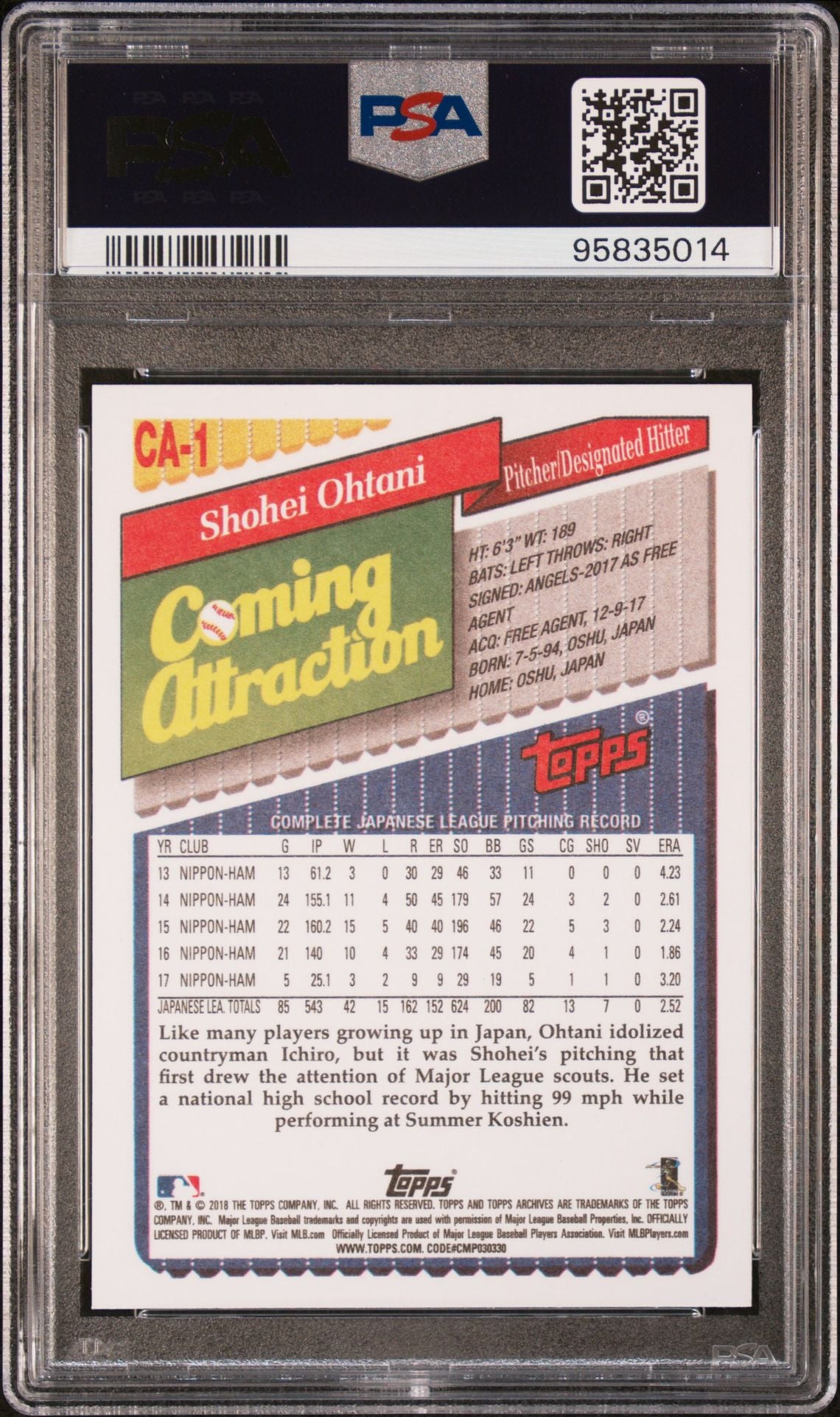 2018 Topps Archives Shohei Ohtani 1993 Coming Attraction Rookie RC #CA-1 (PSA 10)