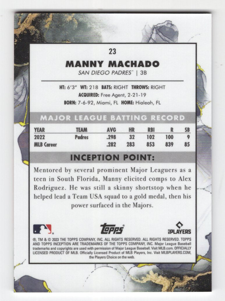 2023 Topps Inception Baseball Manny Machado #23 Orange SP #'d 08/50 (Padres)