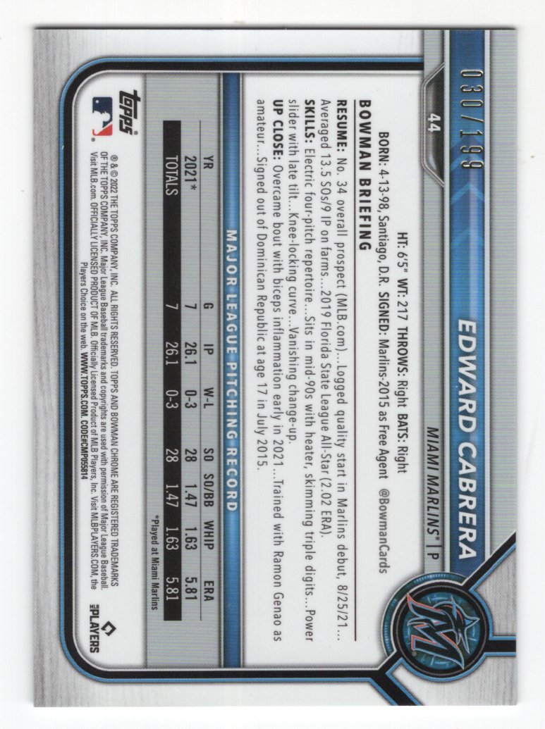 2022 Bowman Chrome Baseball #44 Edward Cabrera #'d /199 Aqua Lava Refractor Rookie (Marlins)