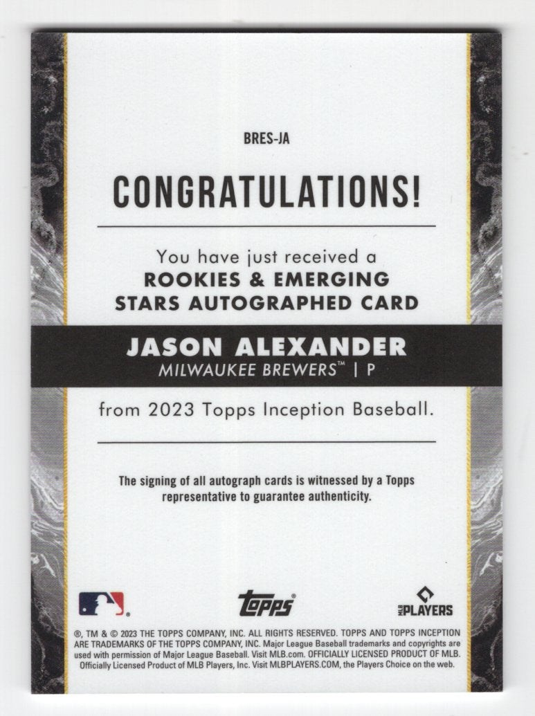 2023 Topps Inception Jason Alexander #BRES-IA Rookie #'d /99 (Brewers)