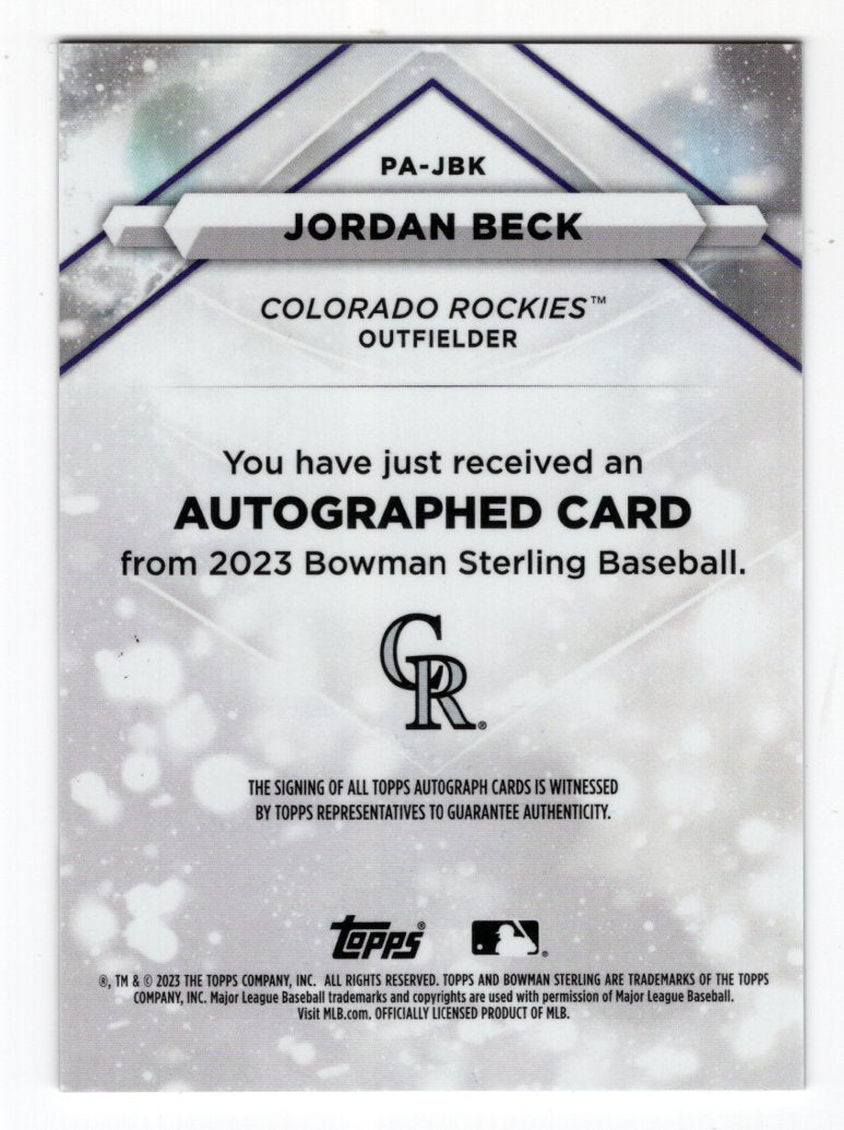 2023 Bowman Sterling Jordan Beck Autograph Card #PA-JBK (Colorado Rockies)