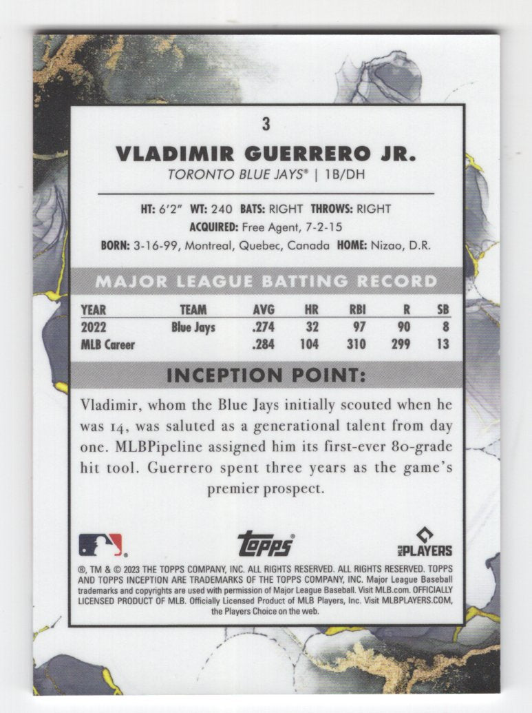 2023 Topps Inception Baseball Vladimir Guerrero Jr. Orange SP #'d 50/50 (Blue Jays)