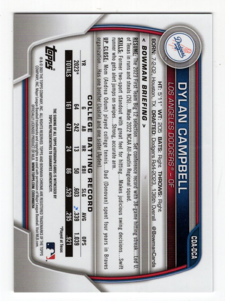 2023 Bowman Chrome Draft Dylan Campbell 1st Bowman Auto #CDA-DCA (Dodgers)