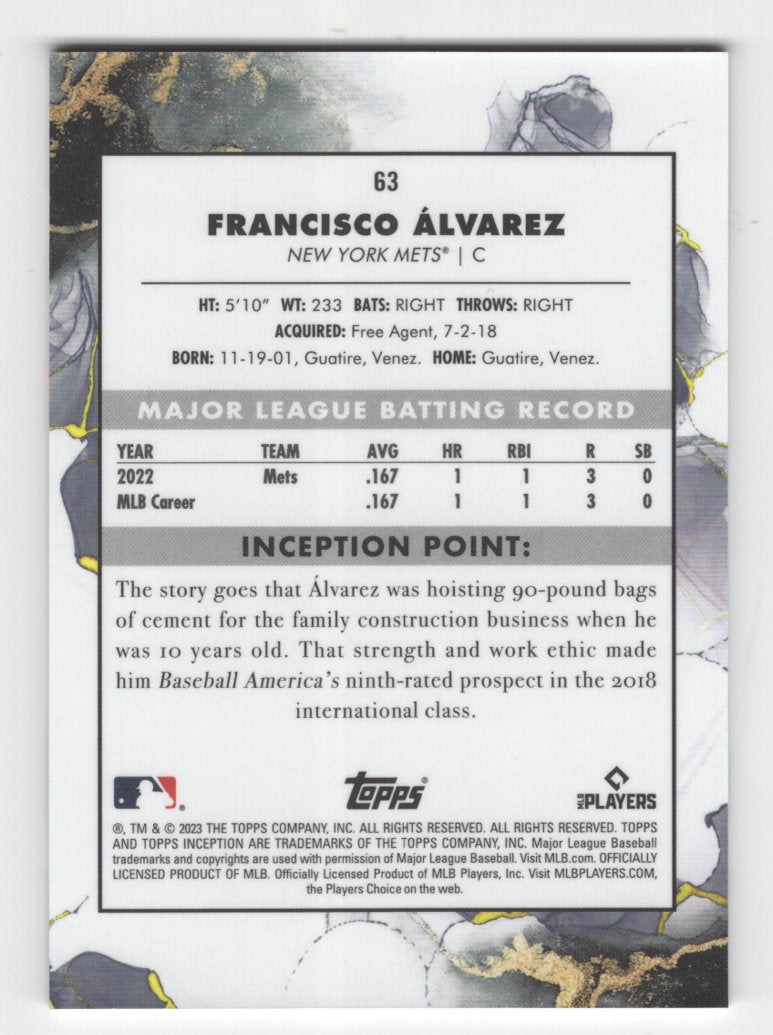 2023 Topps Inception Francisco Alvarez Rookie Card #63 (Mets)