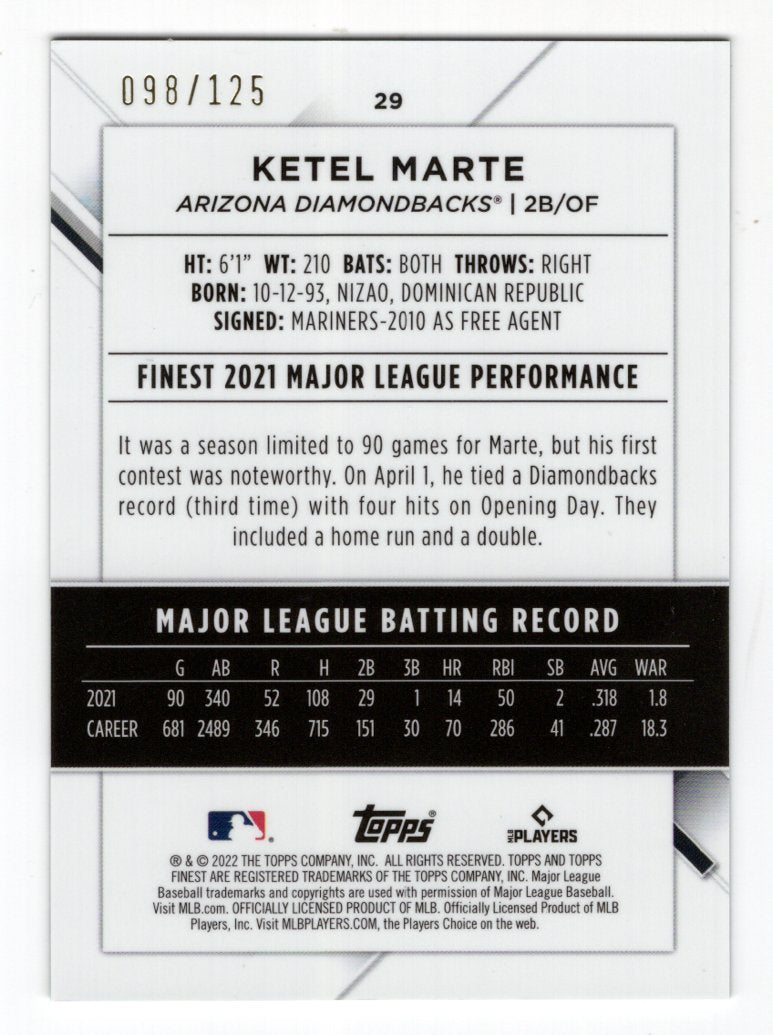 2022 Topps Finest Ketel Marte #29 Green Speckle Refractor #'d /125 (Diamondbacks)