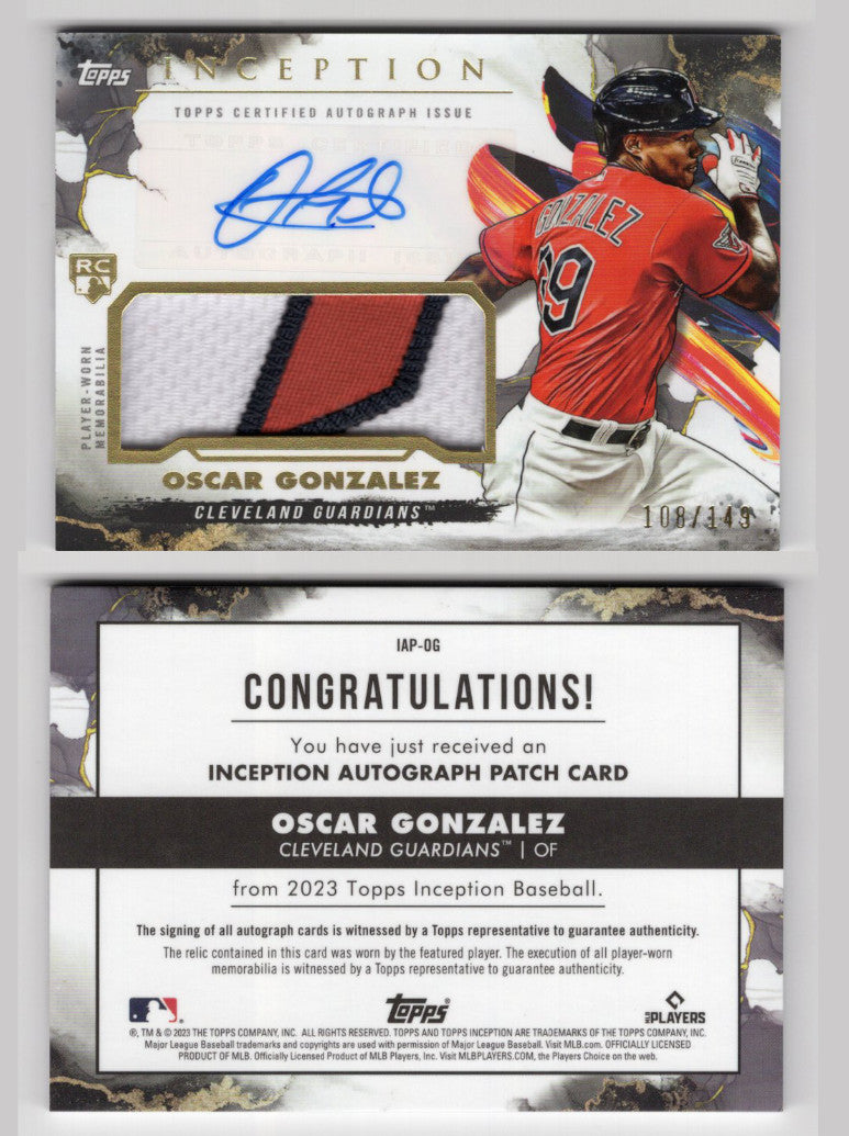 2023 Topps Inception Auto Patch Rookie Oscar Gonzalez /149 #IAP-OG (Guardians)