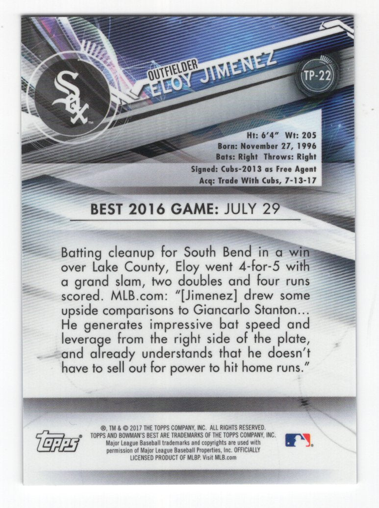 2017 Bowman's Best Eloy Jimenez Blue Refractor #TP-22 Top Prospect #'d /150 (White Sox)